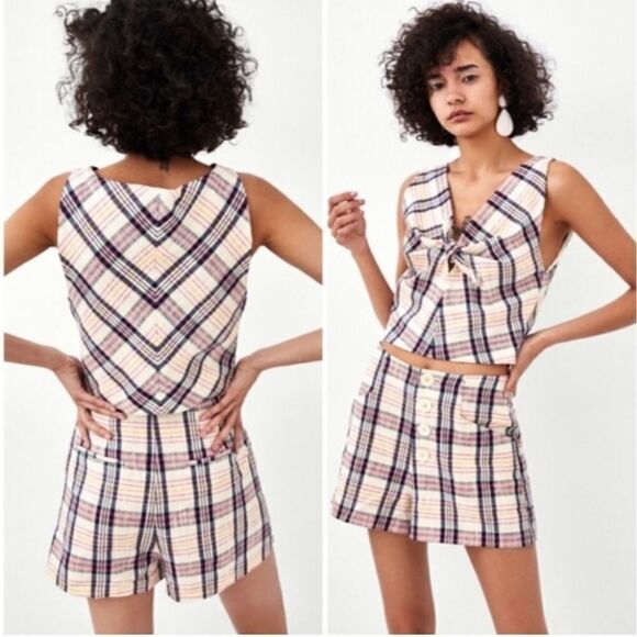 Zara Plaid Check Tweed Bow Sleeveless Crop Top LG - Picture 5 of 5